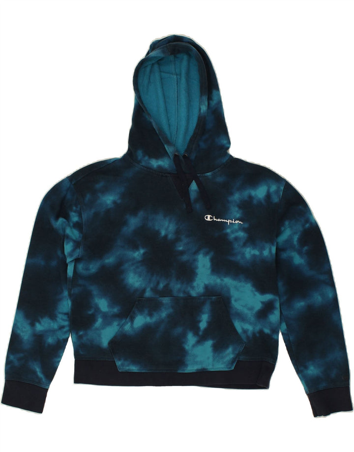 CHAMPION Womens Hoodie Jumper UK 14 Medium Blue Tie Dye Cotton | Vintage Champion | Thrift | Second-Hand Champion | Used Clothing | Messina Hembry 