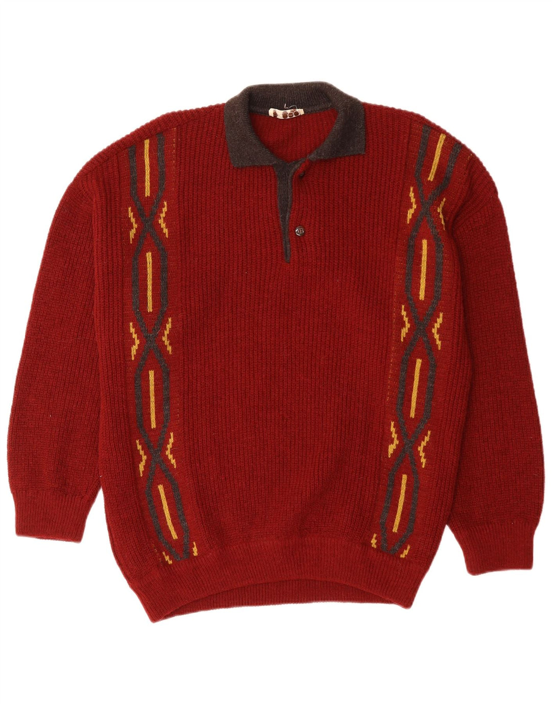 Suéter masculino VINTAGE com gola polo grande vermelho geométrico