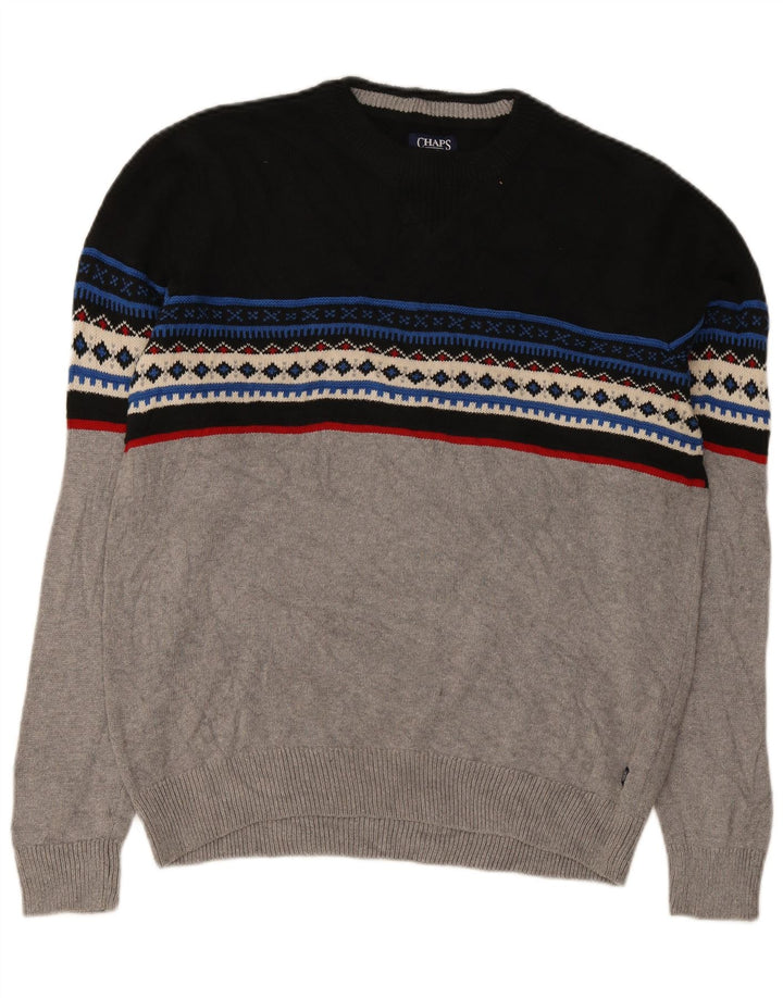Suéter masculino Chaps com gola redonda grande cinza Fair Isle algodão