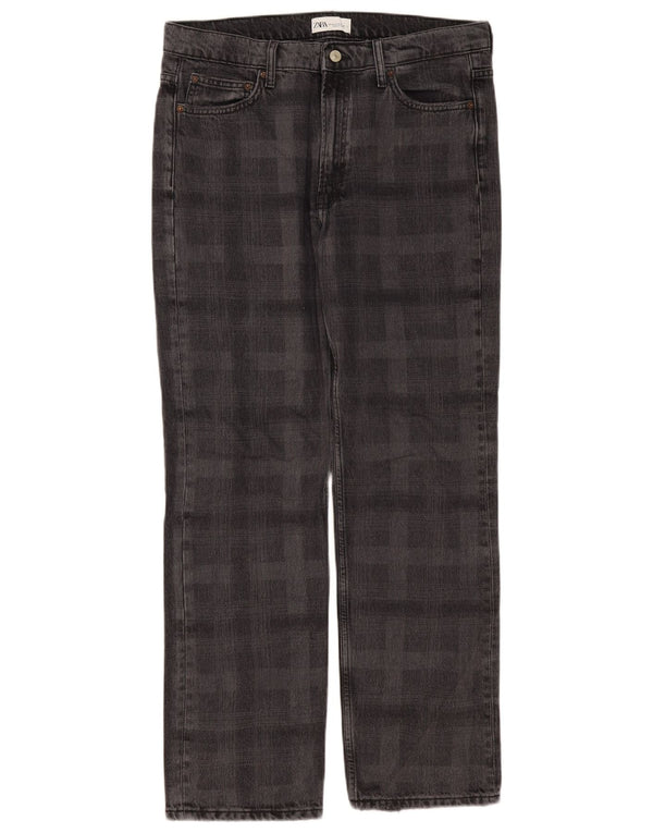 Calça jeans reta feminina Zara EU 42 grande W32 L31 cinza xadrez algodão