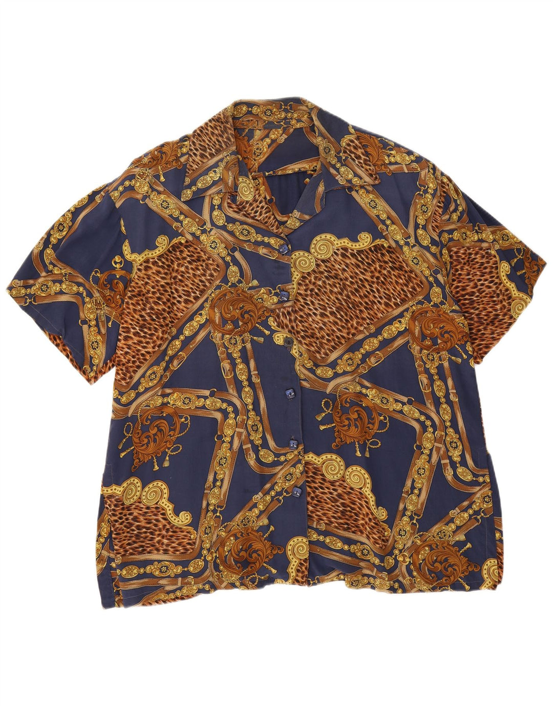Blusa feminina vintage com estampa abstrata UK 18 XL azul marinho