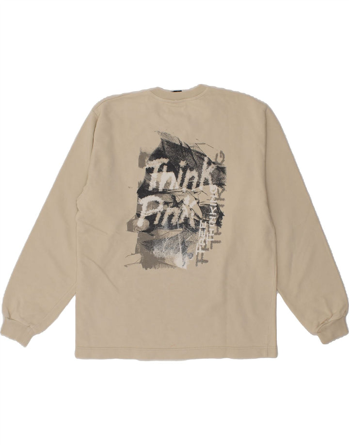 THINK PINK Mens Graphic Sweatshirt Jumper Medium Beige Cotton Vintage Think Pink and Second-Hand Think Pink from Messina Hembry 