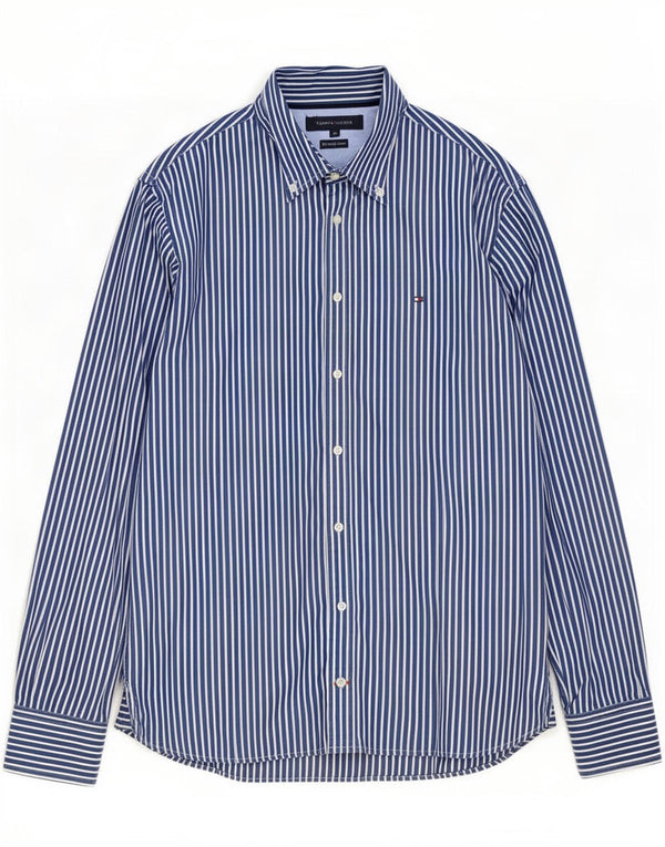 Camisa masculina Tommy Hilfiger média listrada de algodão azul marinho
