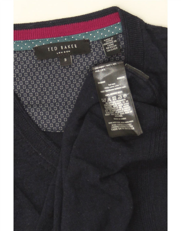 Suéter masculino TED BAKER com decote em V tamanho 3 médio azul marinho lã merino