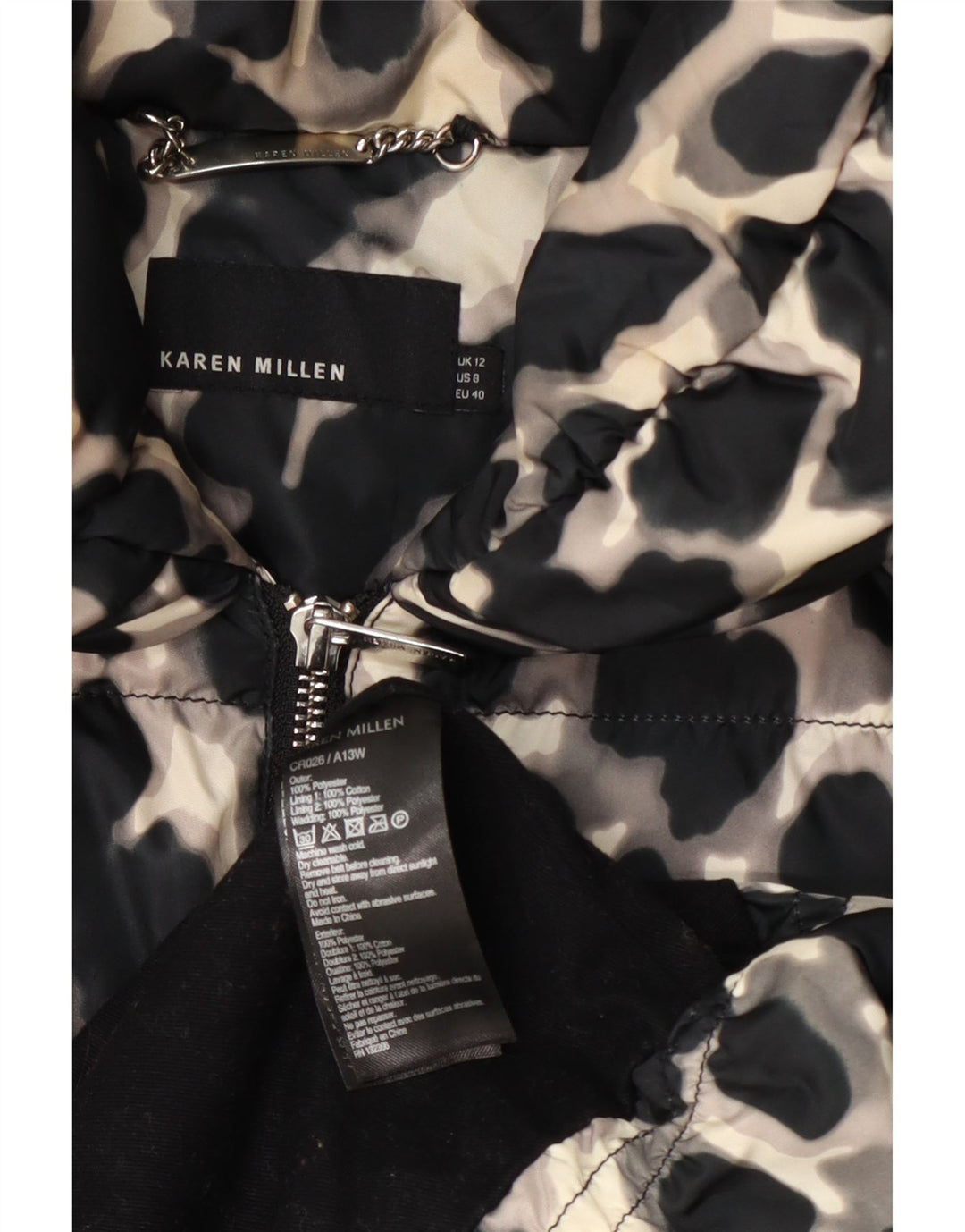 Casaco acolchoado feminino Karen Millen UK 12 poliéster preto médio com estampa animal