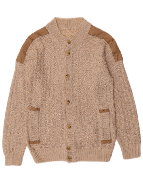 Suéter cardigã feminino vintage UK 10 bloco colorido bege pequeno