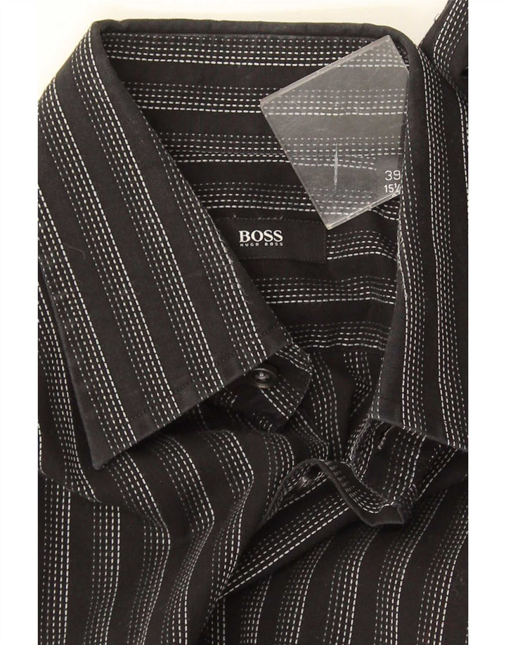 Camisa masculina Hugo Boss tamanho 39 15 1/2 médio preto listrado
