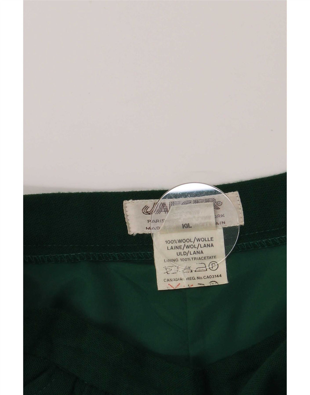 Saia feminina Jaeger A-Line UK 14 médio W26 lã verde