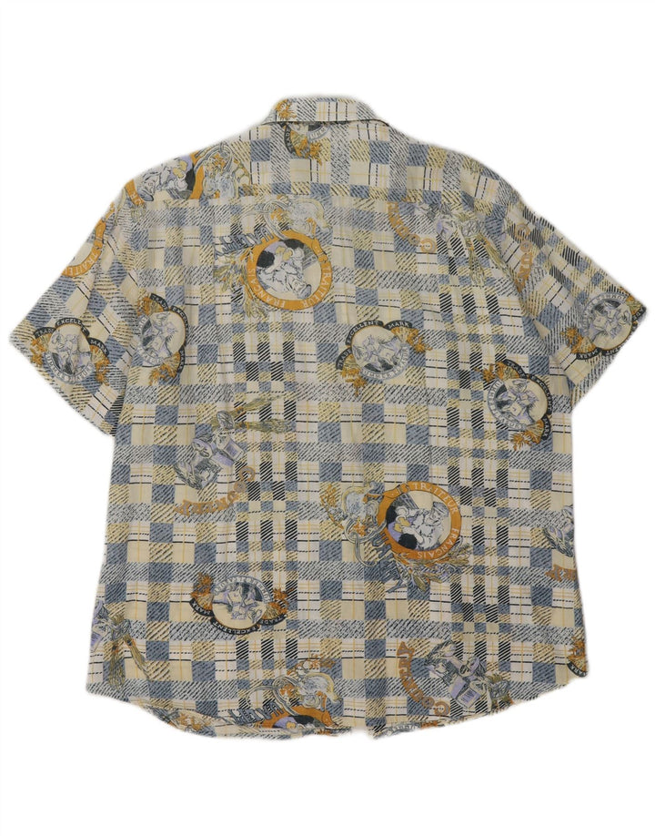 Camisa masculina vintage de manga curta xadrez azul médio