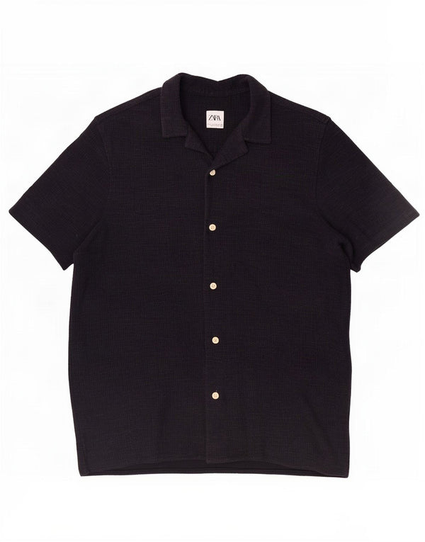 Zara Camisa masculina de manga curta grande algodão azul marinho