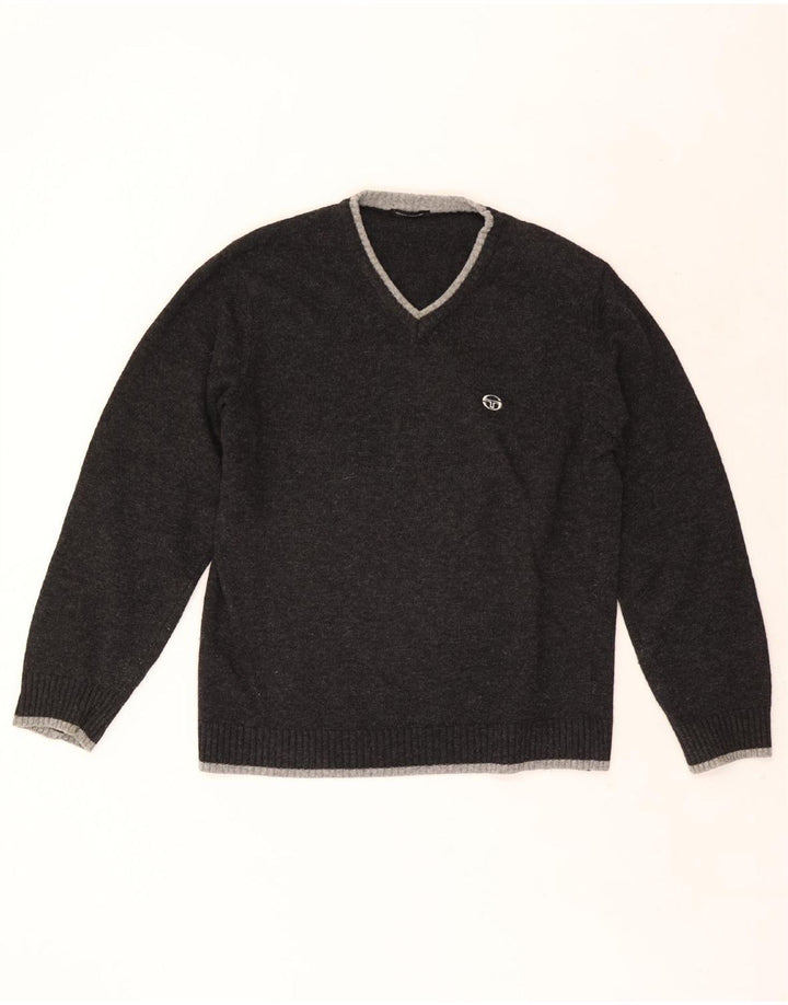 Suéter masculino Sergio Tacchini com decote em V XL lã cinza