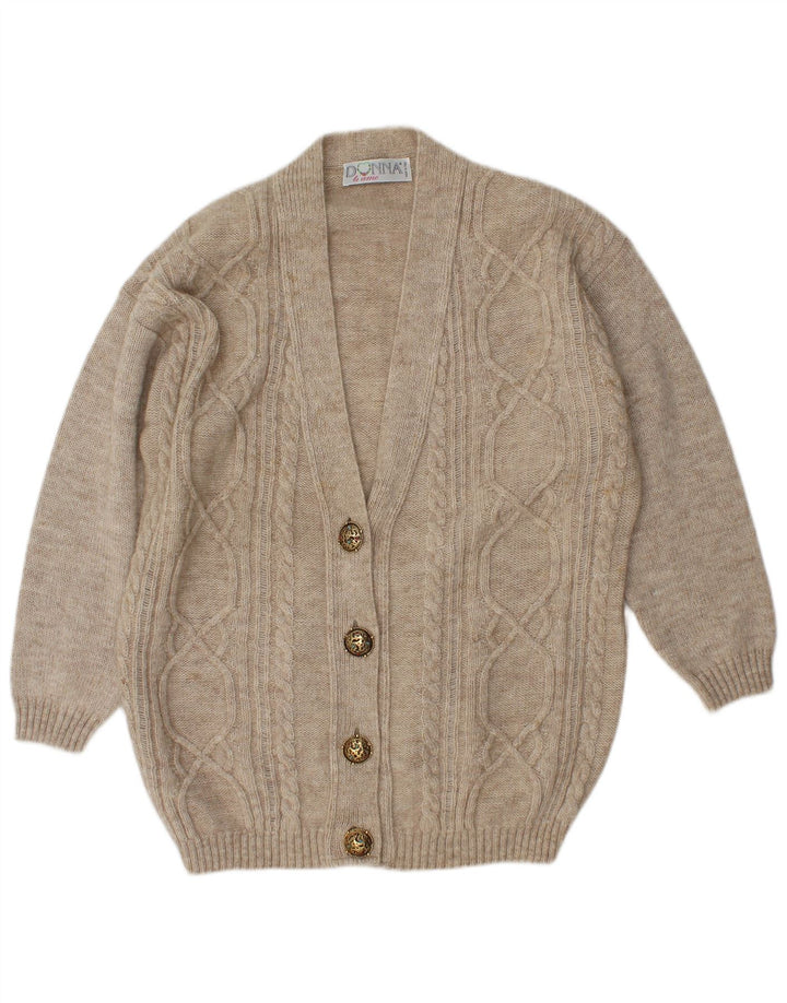 Suéter cardigã feminino vintage grande Reino Unido 14 lã bege médio