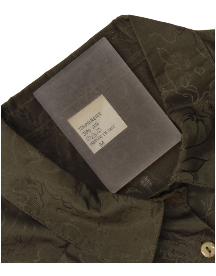 Blusa feminina vintage UK 14 poliéster floral cáqui médio
