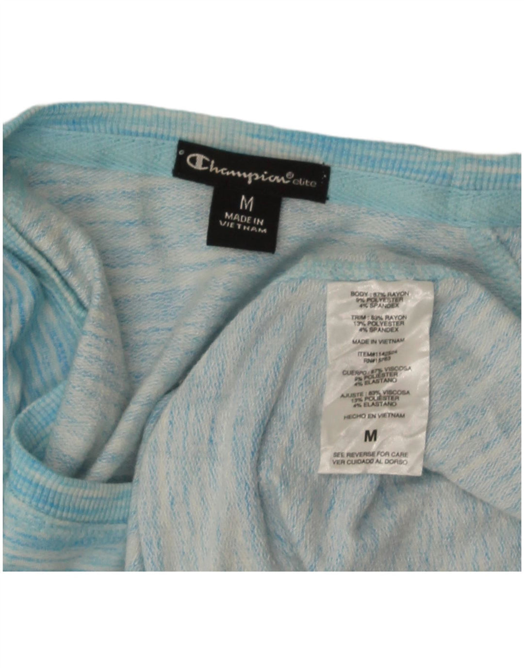 Top feminino Champion de manga comprida UK 14 rayon manchado azul médio
