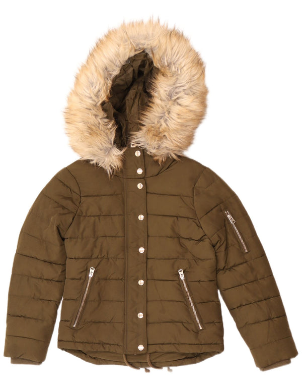 Jaqueta feminina acolchoada com capuz e capuz Topshop UK 4 XS cáqui poliéster