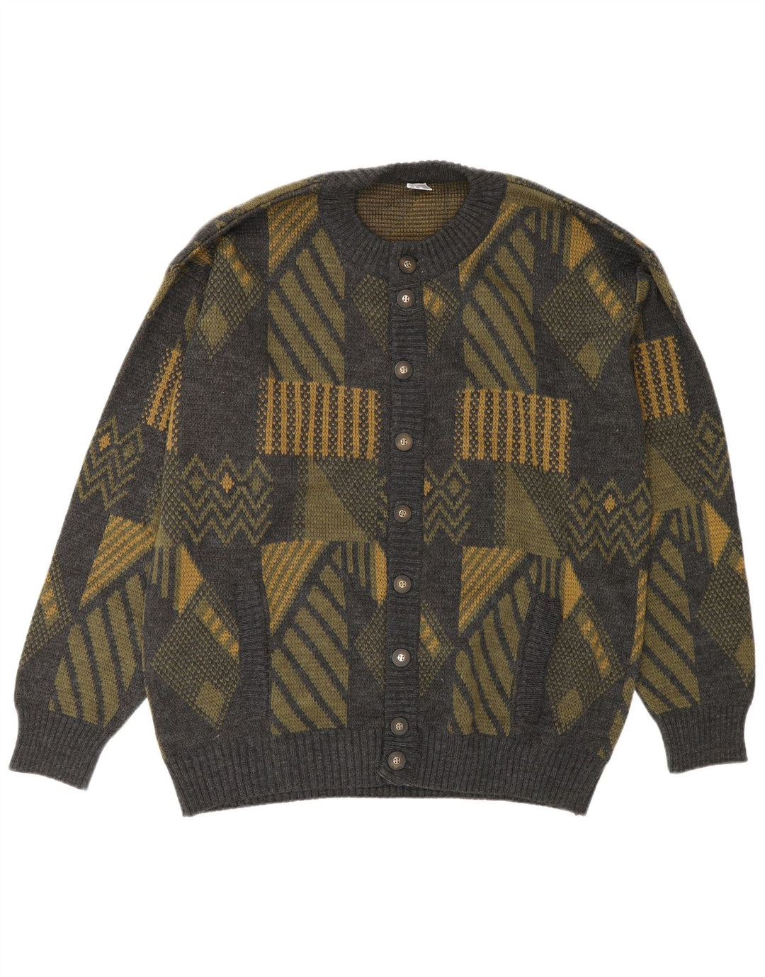 Suéter cardigã masculino vintage grande poliacrílico geométrico cinza