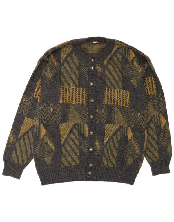 Suéter cardigã masculino vintage grande poliacrílico geométrico cinza