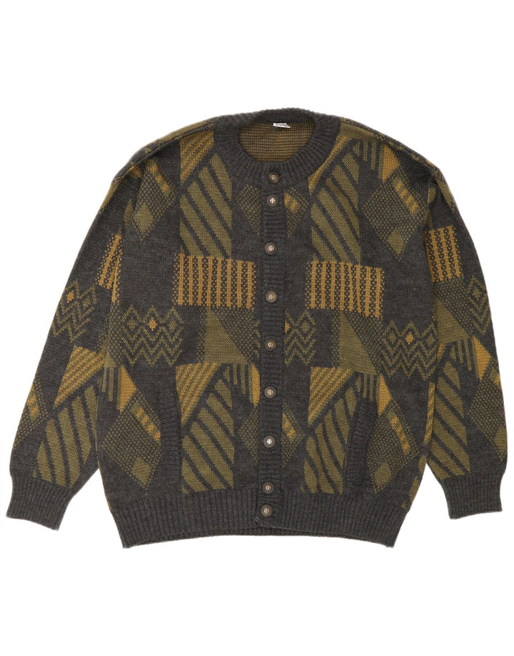 Suéter cardigã masculino vintage grande poliacrílico geométrico cinza