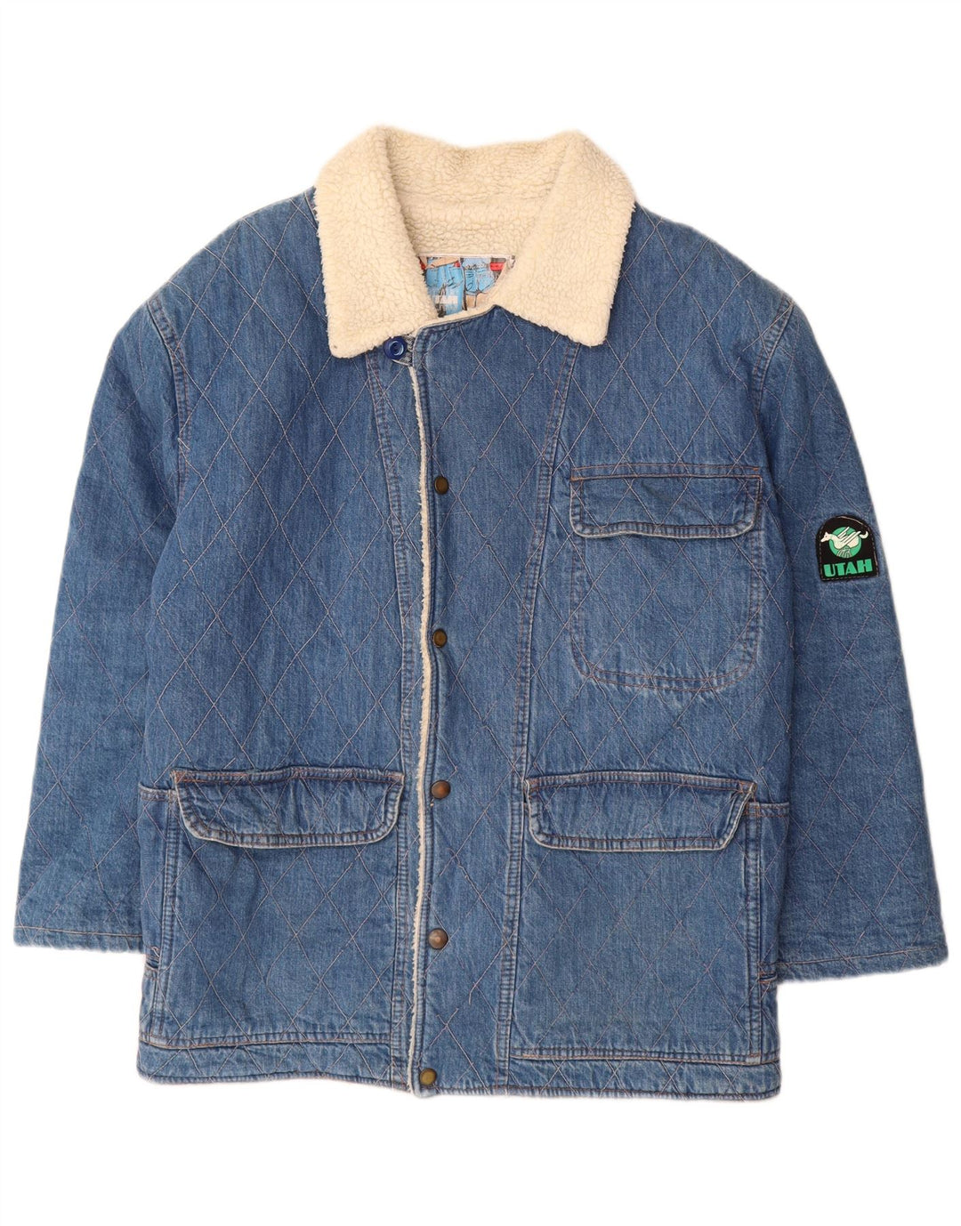 Jaqueta jeans masculina VINTAGE Sherpa UK 40 grande azul algodão clássico