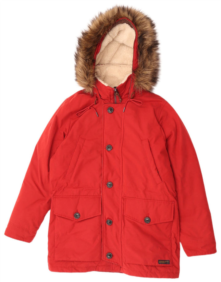 Casaco masculino acolchoado com capuz Abercrombie & Fitch Reino Unido 38 poliéster vermelho médio