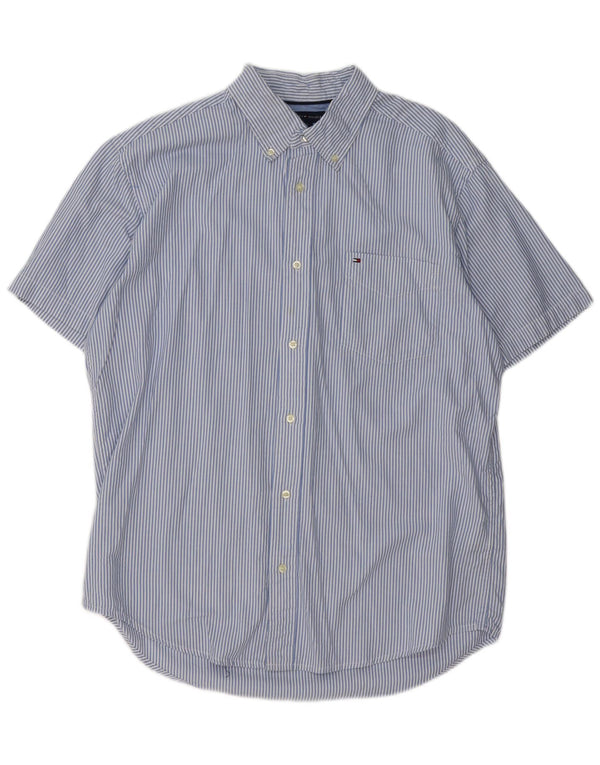 Tommy Hilfiger Camisa masculina de manga curta grande algodão listrado azul