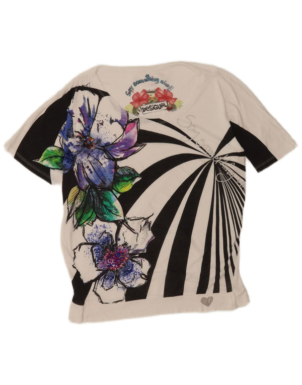 Desigual Camiseta feminina gráfica Top UK 14 grande branco floral