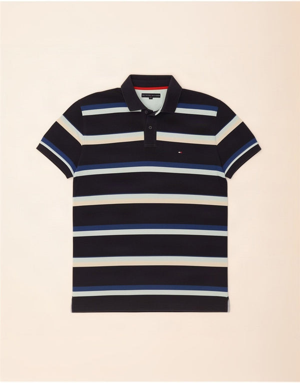 Camisa polo masculina Tommy Hilfiger grande algodão listrado azul marinho