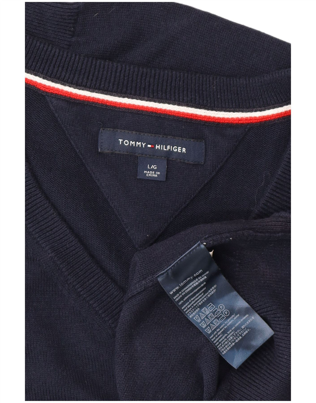 Suéter masculino TOMMY HILFIGER com decote em V grande algodão azul marinho