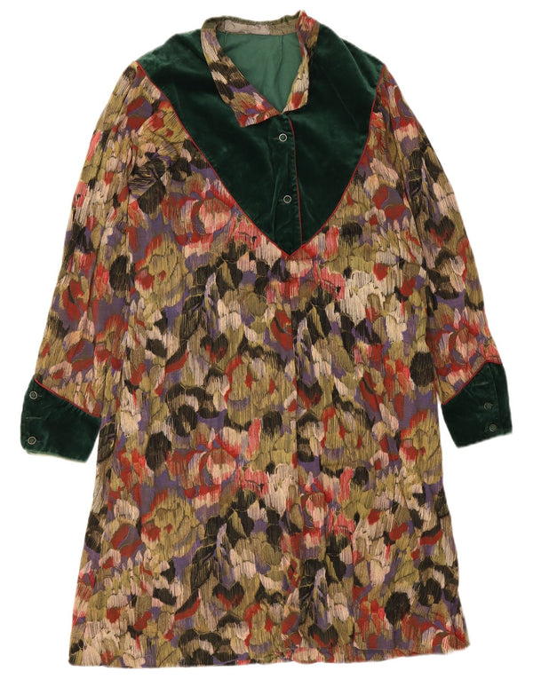Vestido vintage feminino manga comprida linha A UK 12 médio floral multicolorido
