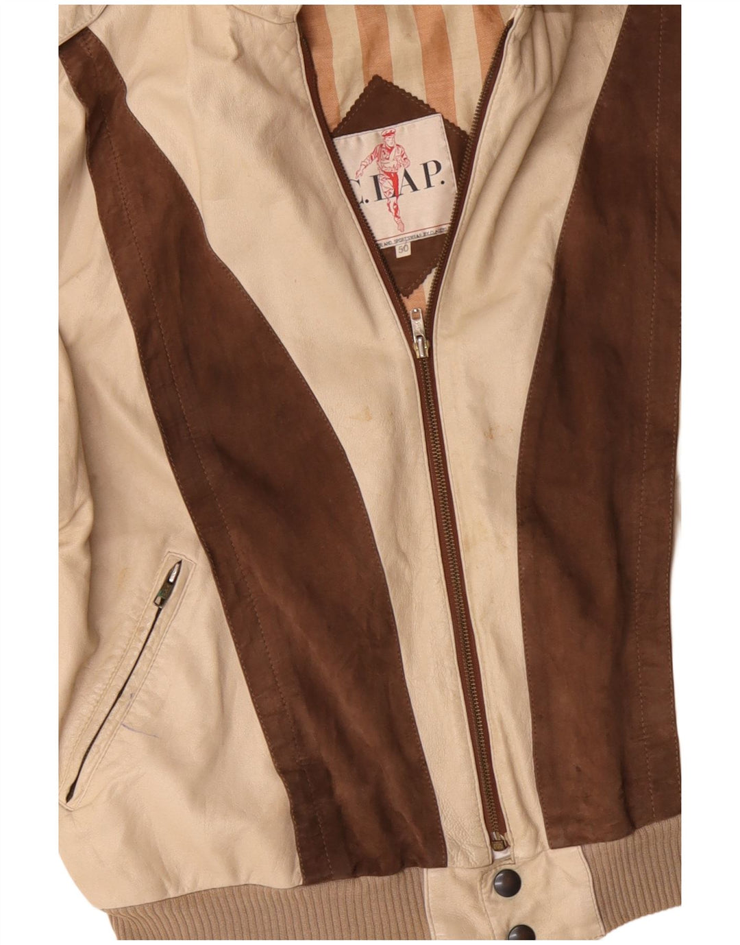 Jaqueta de couro militar masculina VINTAGE IT 50 grande bloco colorido bege