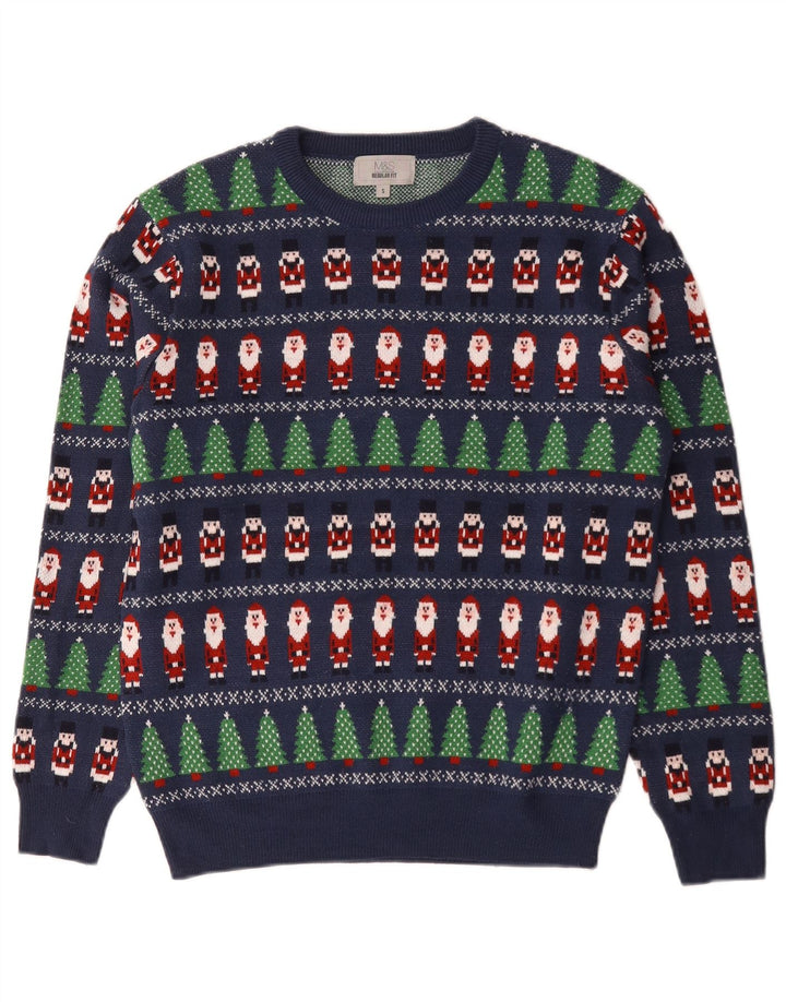 Suéter masculino Marks & Spencer com gola redonda, pequeno azul geométrico
