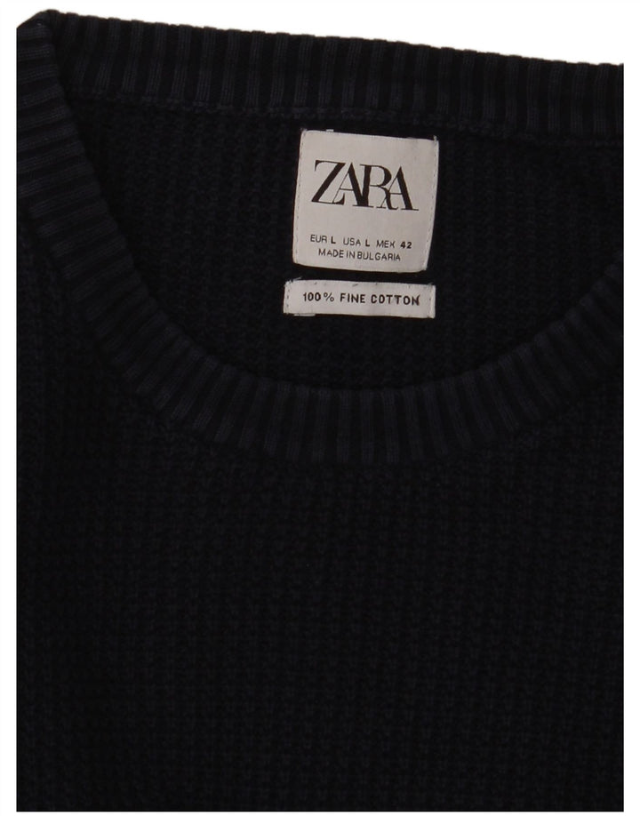 Zara Suéter masculino com gola redonda grande algodão azul marinho