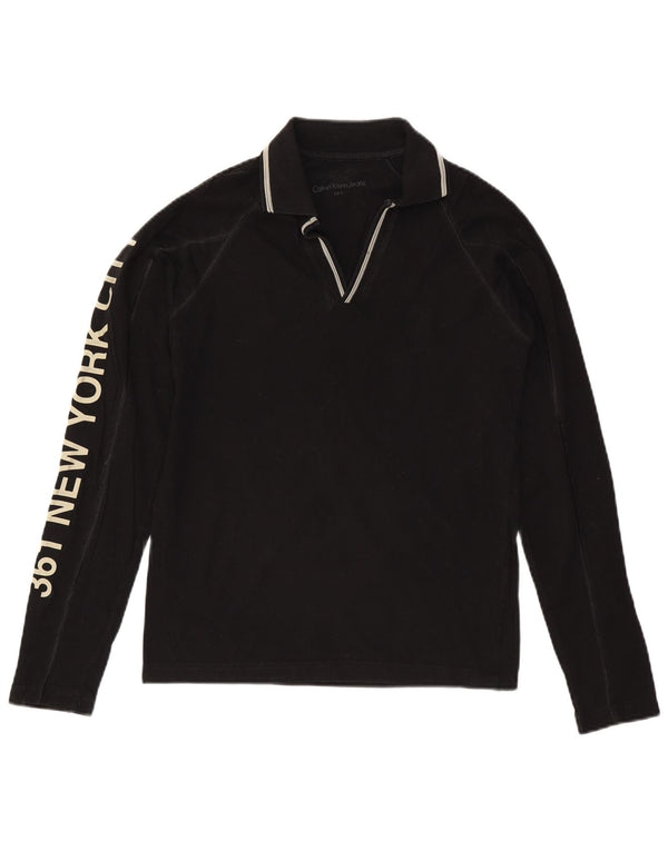 CALVIN KLEIN JEANS Camisa polo masculina gráfica de manga comprida pequena de algodão preto