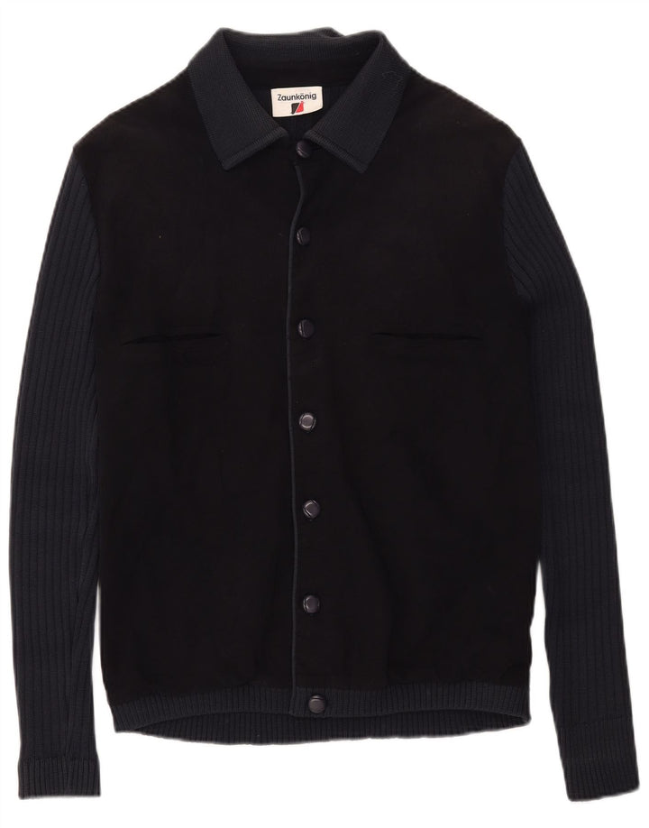 Suéter cardigã masculino vintage médio azul marinho colorblock