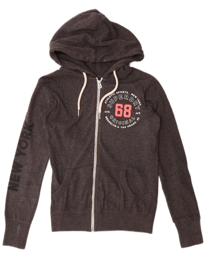 Suéter feminino SUPERDRY com capuz e zíper gráfico UK 6 XS algodão cinza