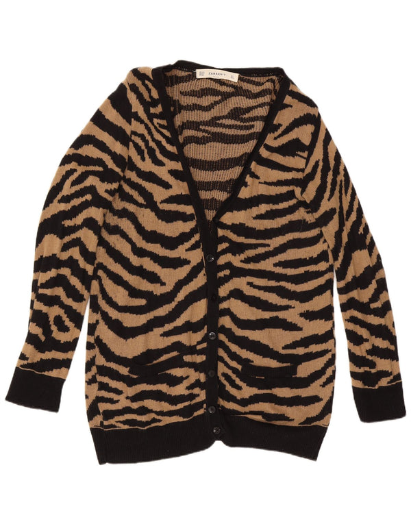 Suéter cardigã feminino Zara Longline Reino Unido 16 grande marrom com estampa animal de algodão