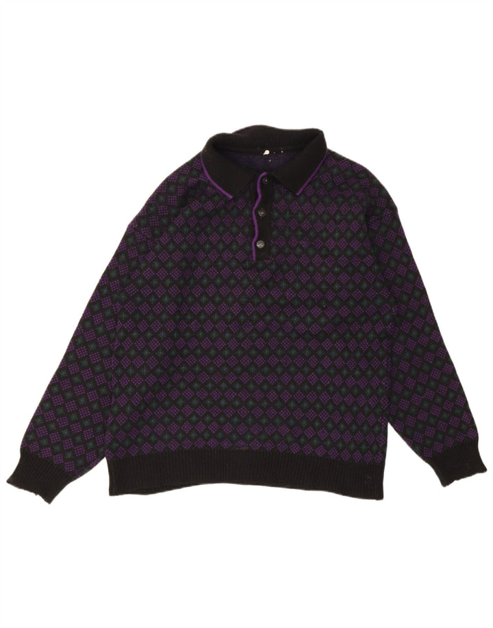 Suéter vintage masculino com gola polo e meio geométrico multicolorido