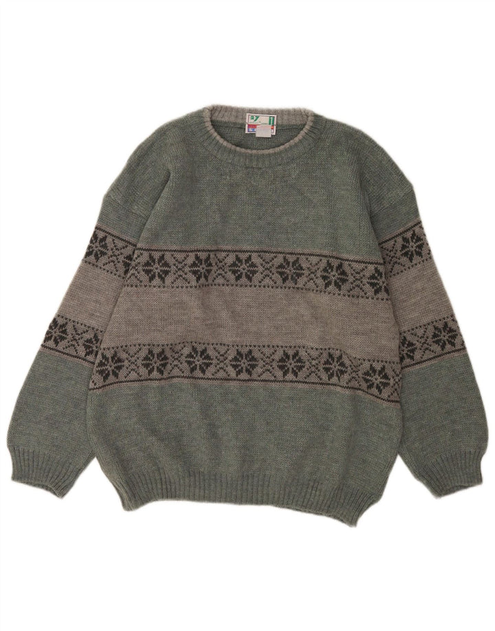 Suéter masculino Bresci com gola redonda, verde médio Fair Isle