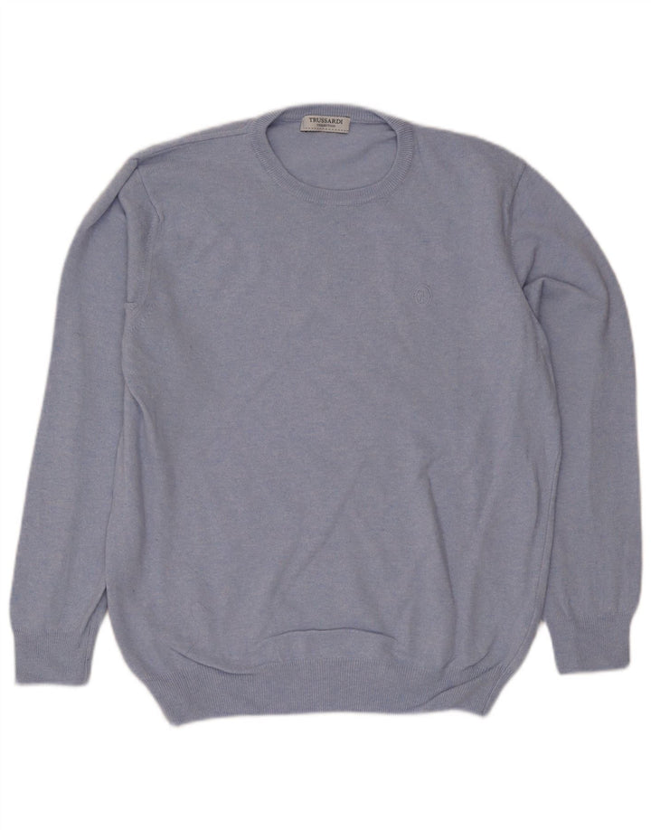 Suéter masculino Trussardi com gola redonda de lã azul médio