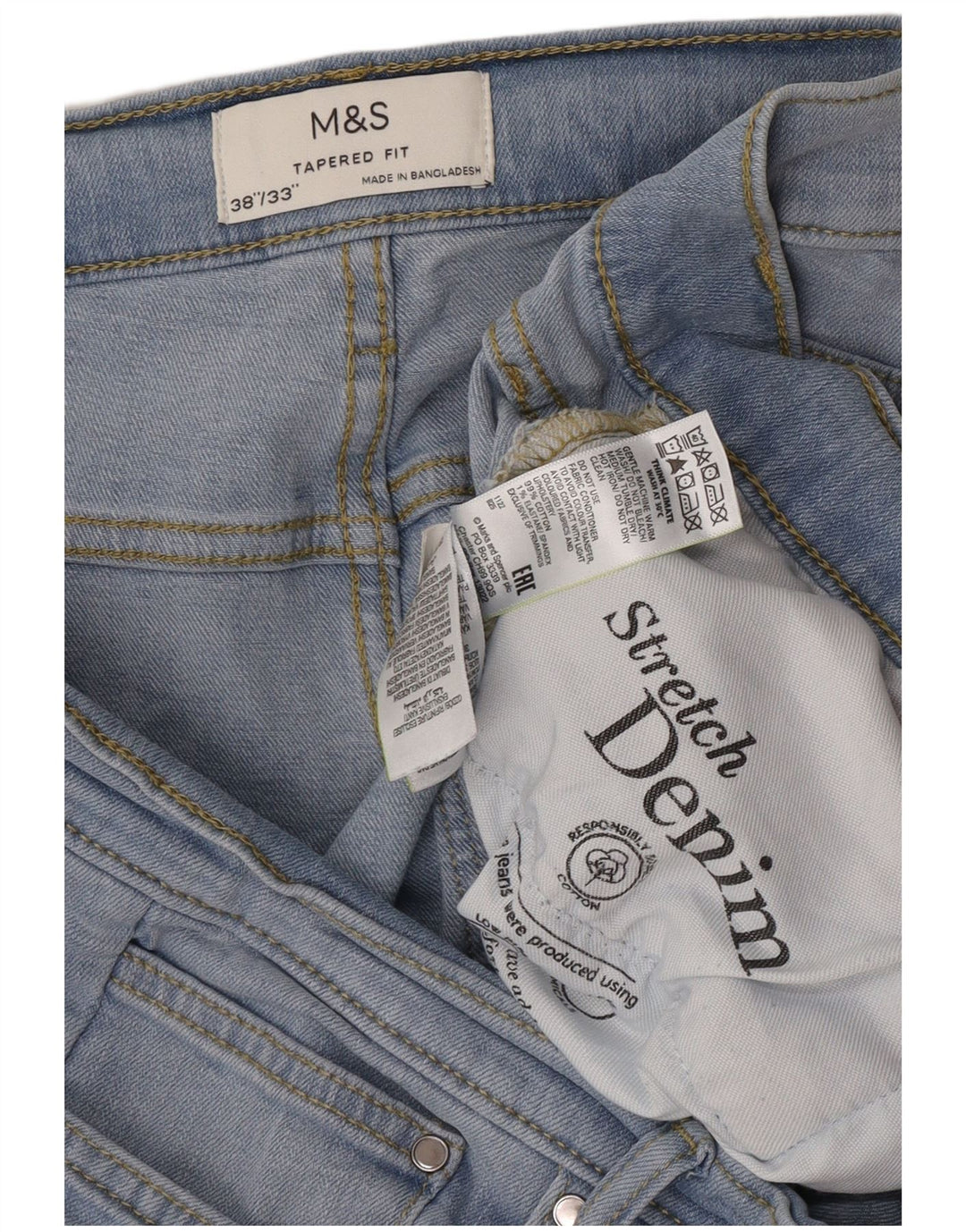 Jeans cônicos masculinos Marks & Spencer W38 L30 algodão azul