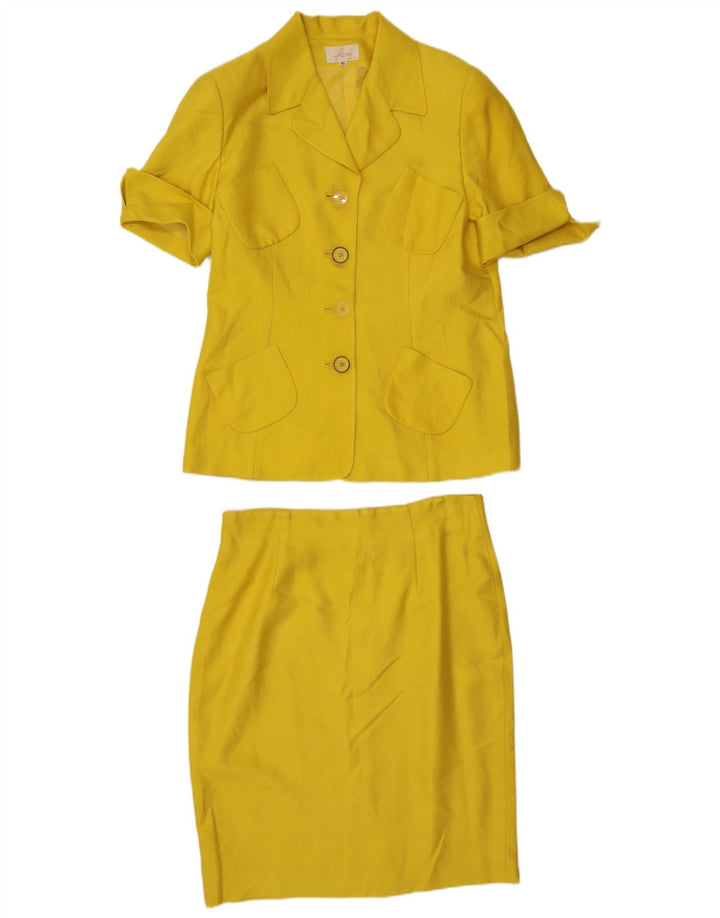 Conjunto de saia feminina vintage com 4 botões e 2 peças IT 46 grande W32 seda amarela