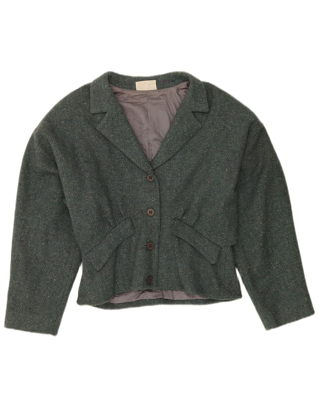 Jaqueta blazer vintage feminina colheita 4 botões Reino Unido 12 espinha de peixe verde médio