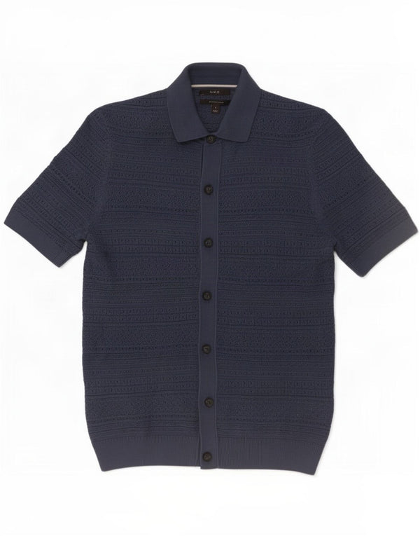 Suéter cardigã masculino de manga curta Marks & Spencer pequeno algodão azul marinho