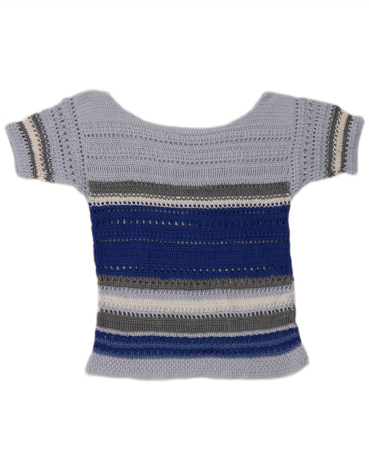 Blusa feminina de crochê vintage UK 10 pequena listrada azul