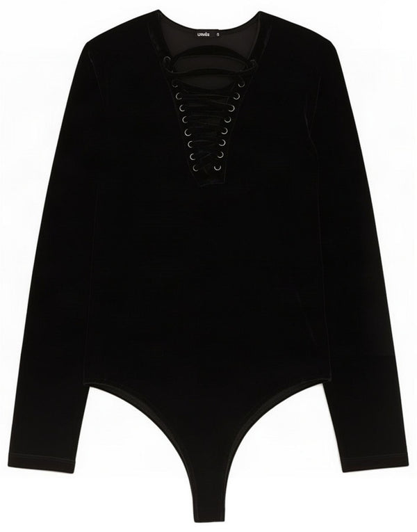 Body vintage feminino de manga comprida de veludo UK 10 pequeno poliéster preto
