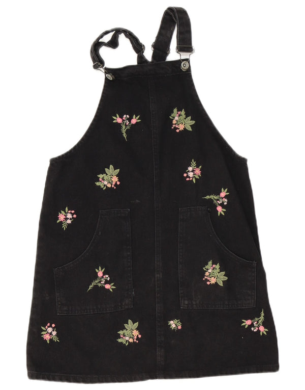 Zara Vestido jeans feminino Dungaree 13-14 anos preto floral algodão