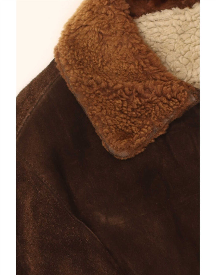 Jaqueta bomber masculina vintage de camurça sherpa Reino Unido 36 pequena marrom