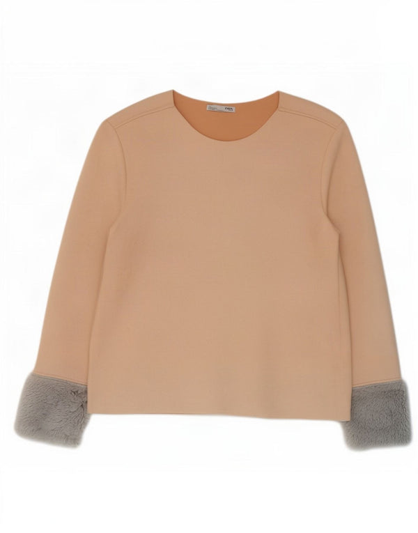 Blusa feminina Zara UK 12 bloco colorido bege médio