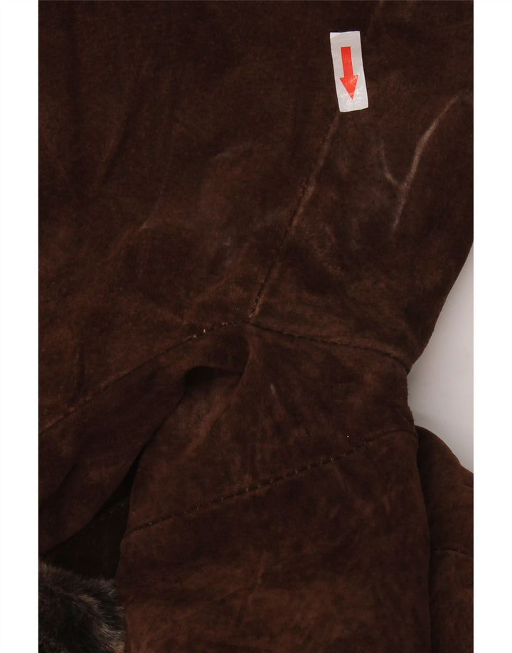 Sobretudo de camurça vintage feminino Reino Unido 14 grande couro marrom com estampa animal