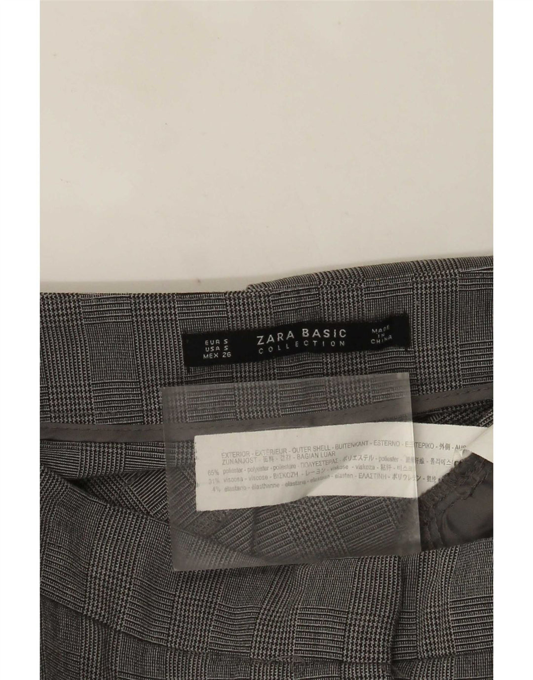 Calça feminina Zara Slim Suit pequena W26 L27 cinza xadrez poliéster